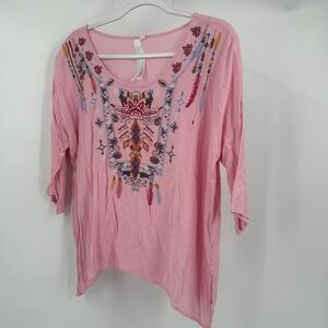 Womens Boho Embroidered Top Size L Artsy Folk Floral Whimsical Cottagecore Tunic